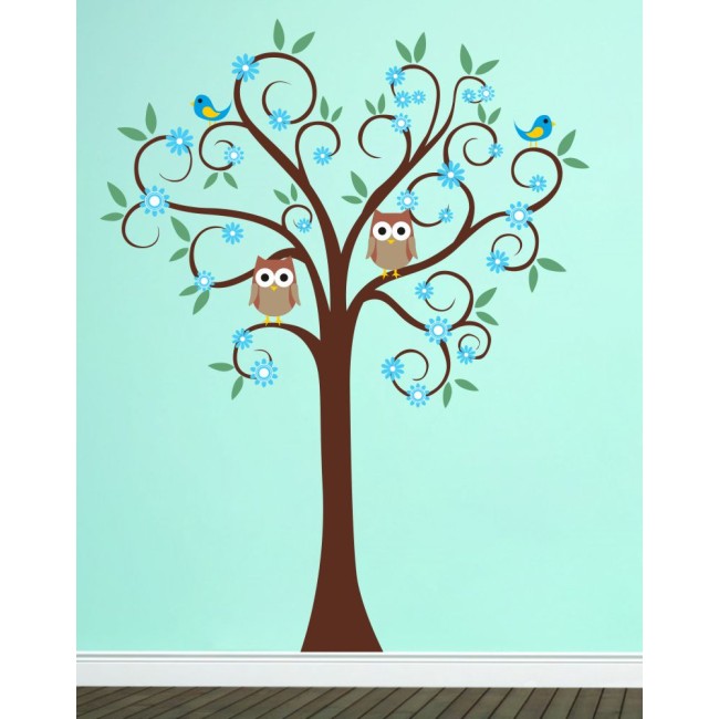 Színes fa baglyokkal - Falmatrica / Faltetoválás