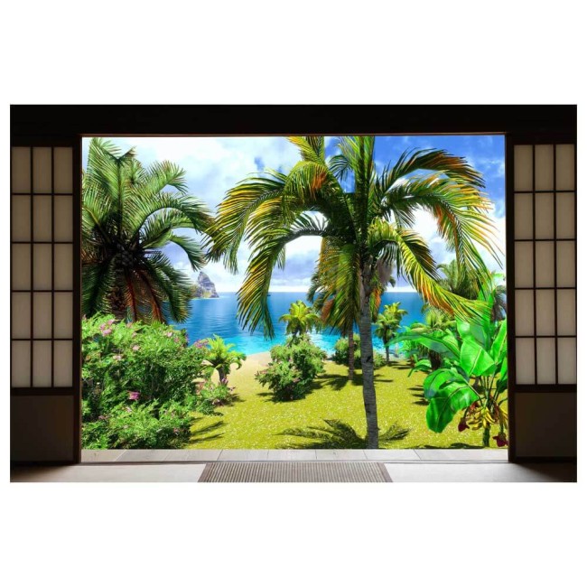 Vinil fotótapéta 3D hatással Shoji ajtó - Pálmafák és kókuszfák - 360x240
