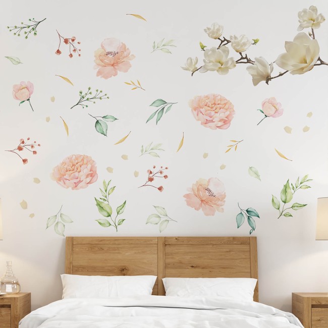 Fehér magnólia és rózsaszín akvarell virágok - Matrica csomag