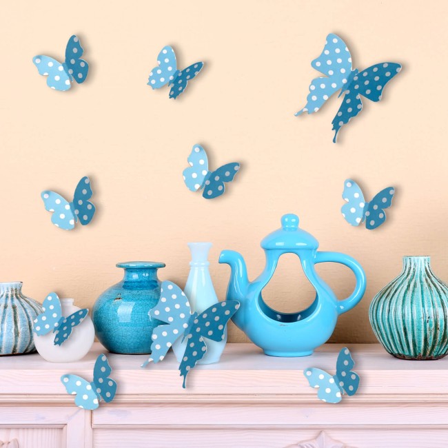 3D pillangók - Kék fehér pöttyökkel