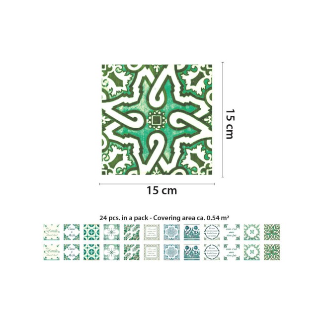 Csempe matrica - Green Vintage Mosaic Tiles – French - 24 drb - 15x15 cm