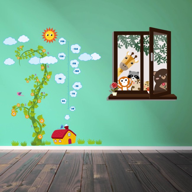Állatok az ablakban + Magic Bean mérőszalag - Falmatrica