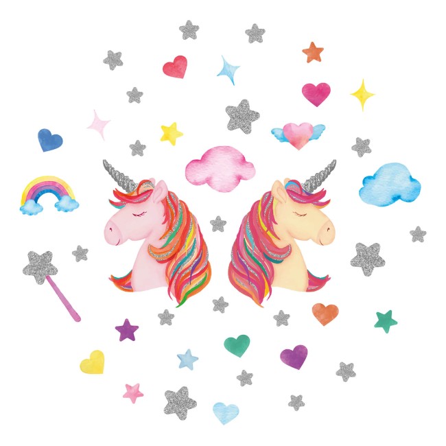 Egyszarvúak csillogó csillagokkal - Falmatrica